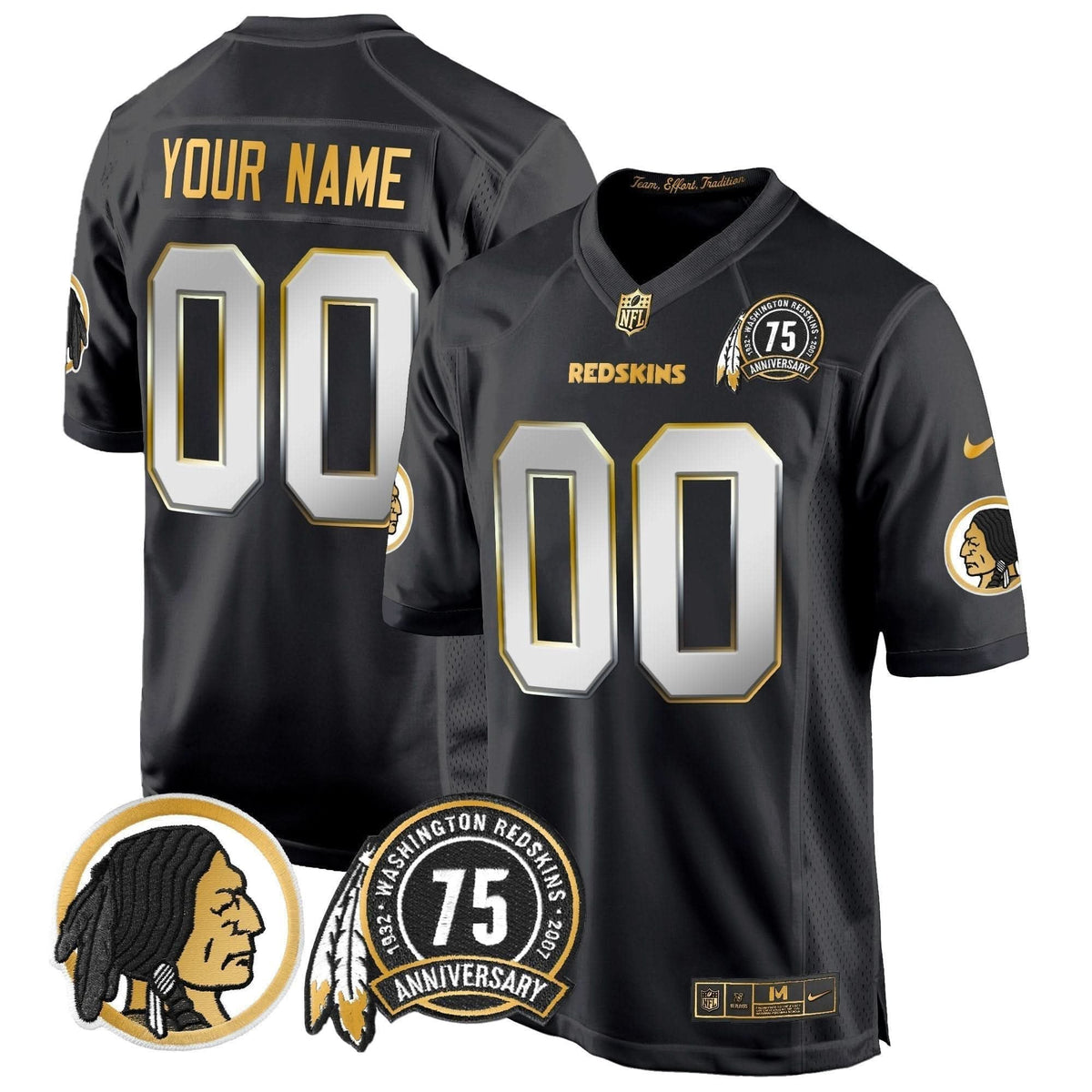 Washington Redskins 75th Patch Throwback Gold Game Custom Jersey - All Stitched