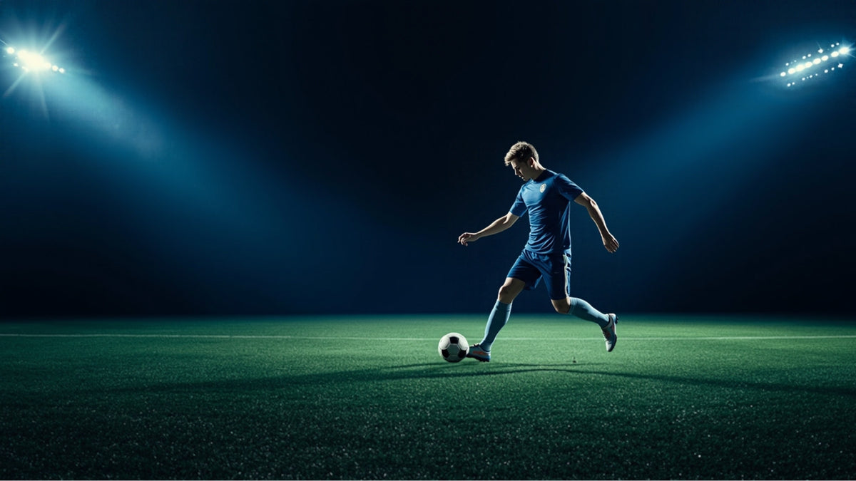 Footballer kicking a ball under stadium floodlights