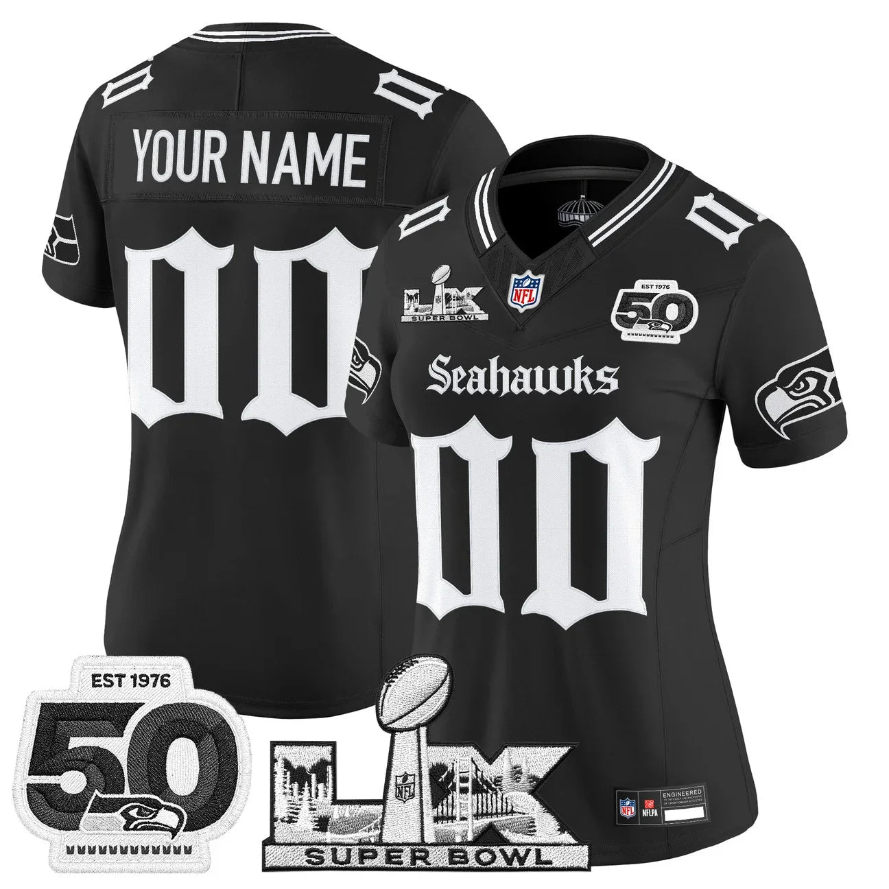 Seattle Seahawks "Super Bowl LX & 50th Patch" Vapor Limited Custom Jersey - Gothic Edition - All Stitched
