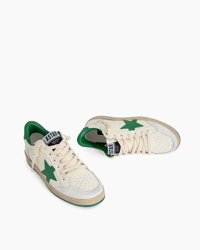 Men's White Nappa Leather Sneakers with Green Good Luck Star