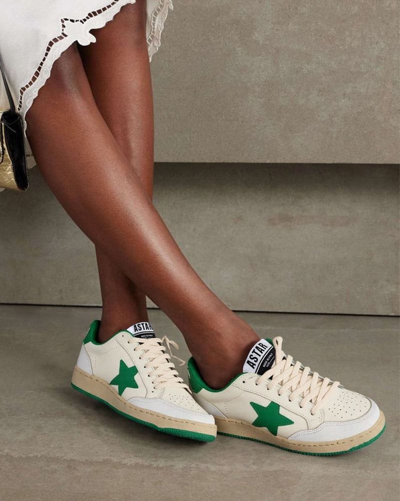 White Nappa Leather Sneakers with Green Good Luck Star
