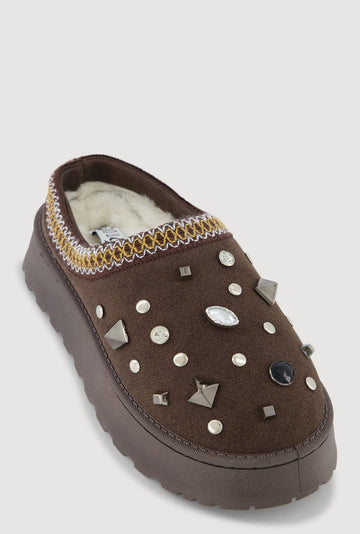 Faux Suede Rhinestone Charm Platform Clogs