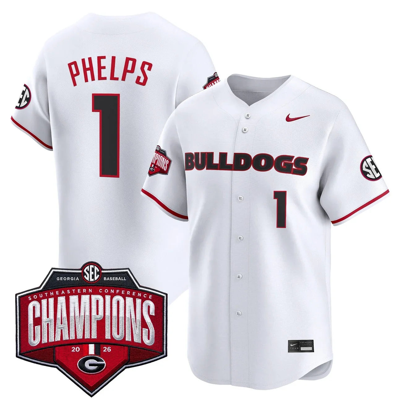 Georgia Bulldogs Baseball Southeastern Confernce Champions 2026 Vapor Premier Limited Jersey - All Stitched - White