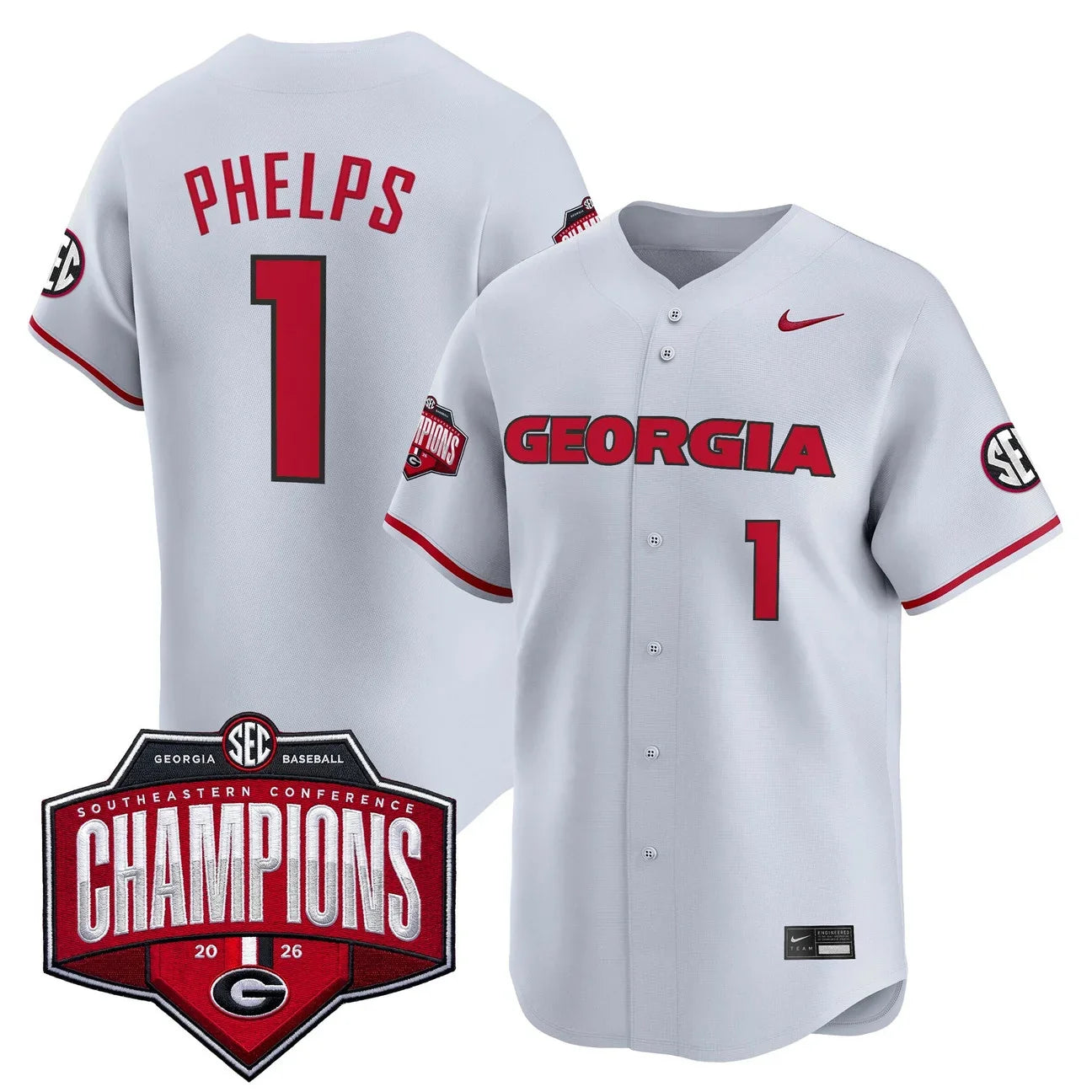 Georgia Bulldogs Baseball Southeastern Confernce Champions 2026 Vapor Premier Limited Jersey - All Stitched - Gray
