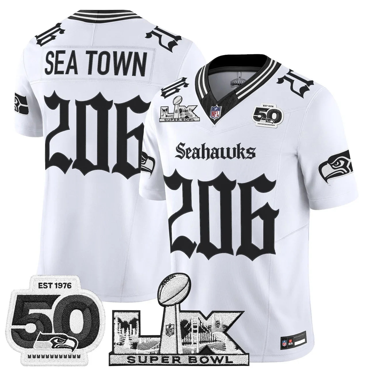 Men's Seattle Seahawks "Super Bowl LX & 50th Patch" Vapor Limited Jersey - Gothic Edition - All Stitched