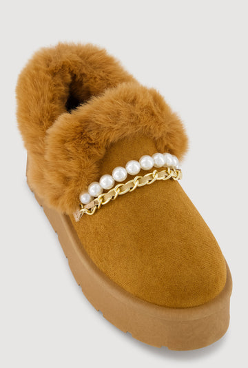 Trendy Faux Fur Lined Faux Suede Booties with Chains and Pearl Detail