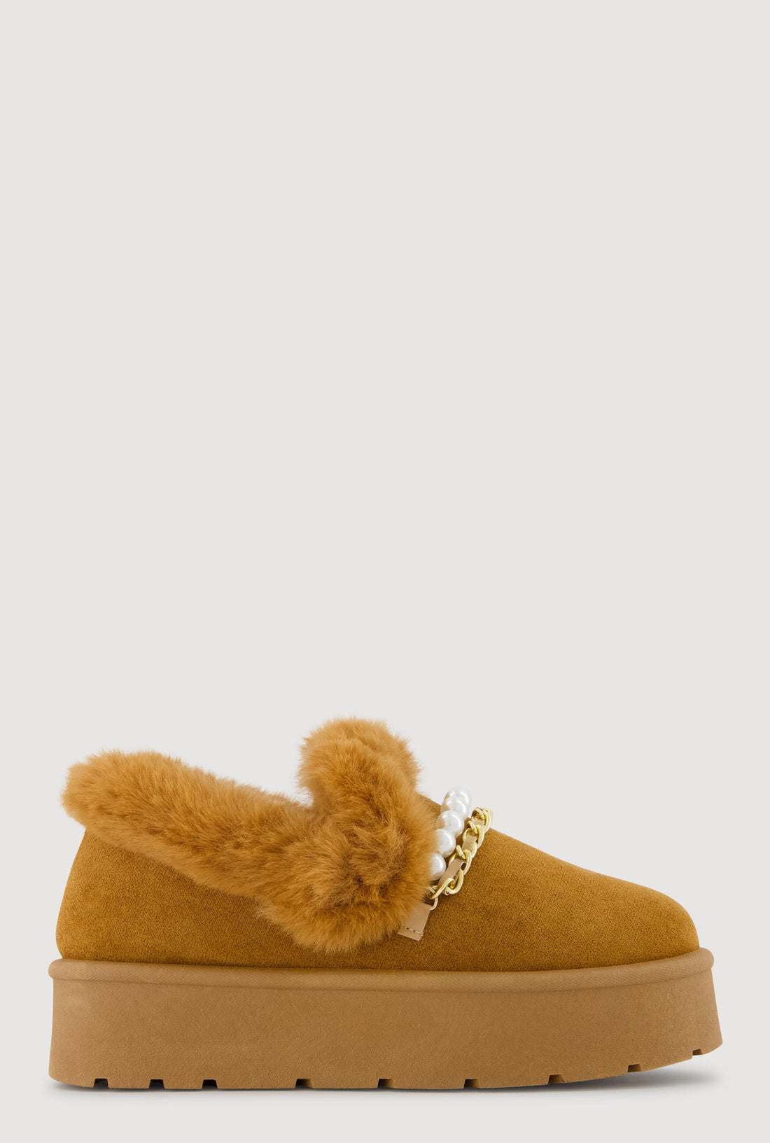 Trendy Faux Fur Lined Faux Suede Booties with Chains and Pearl Detail