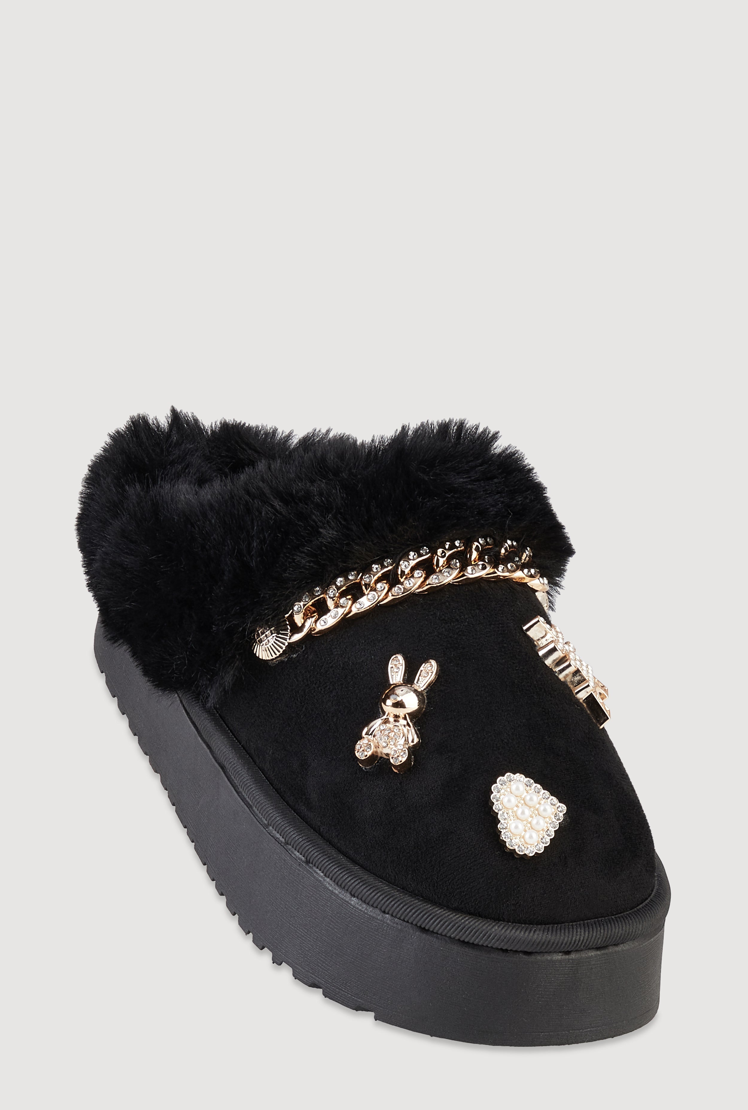 Faux Fur Lined Studded Charm Platform Mule Slippers