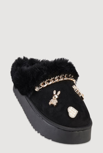 Faux Fur Lined Studded Charm Platform Mule Slippers