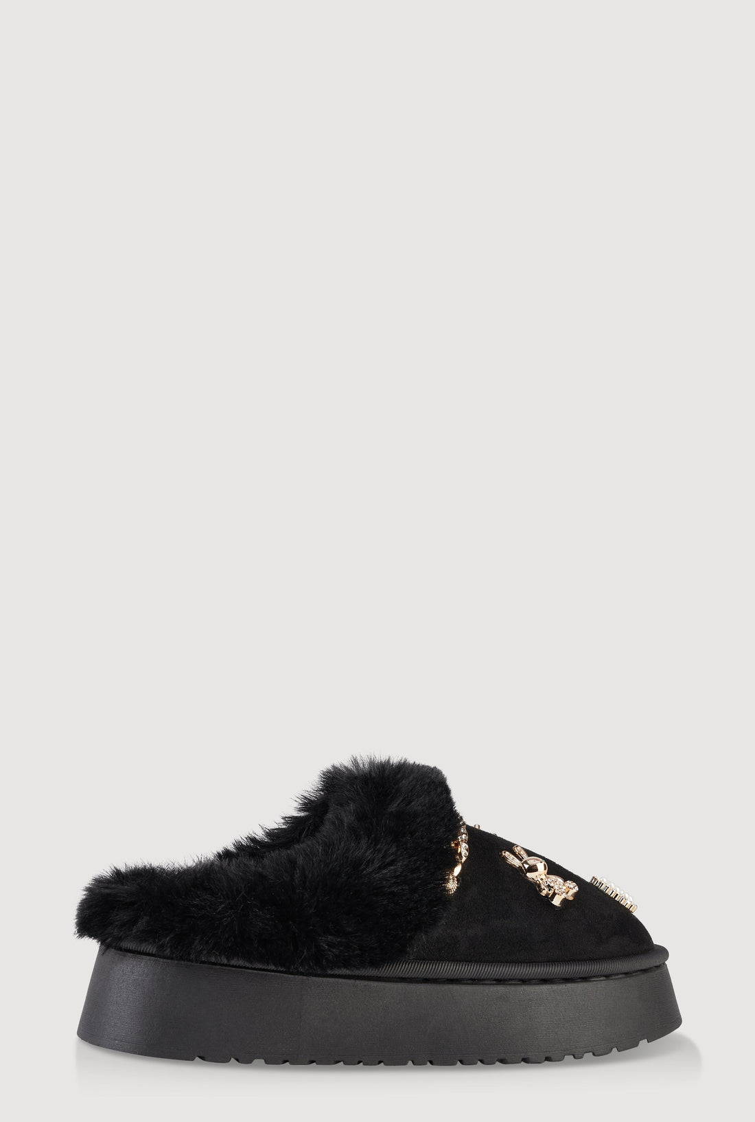Faux Fur Lined Studded Charm Platform Mule Slippers