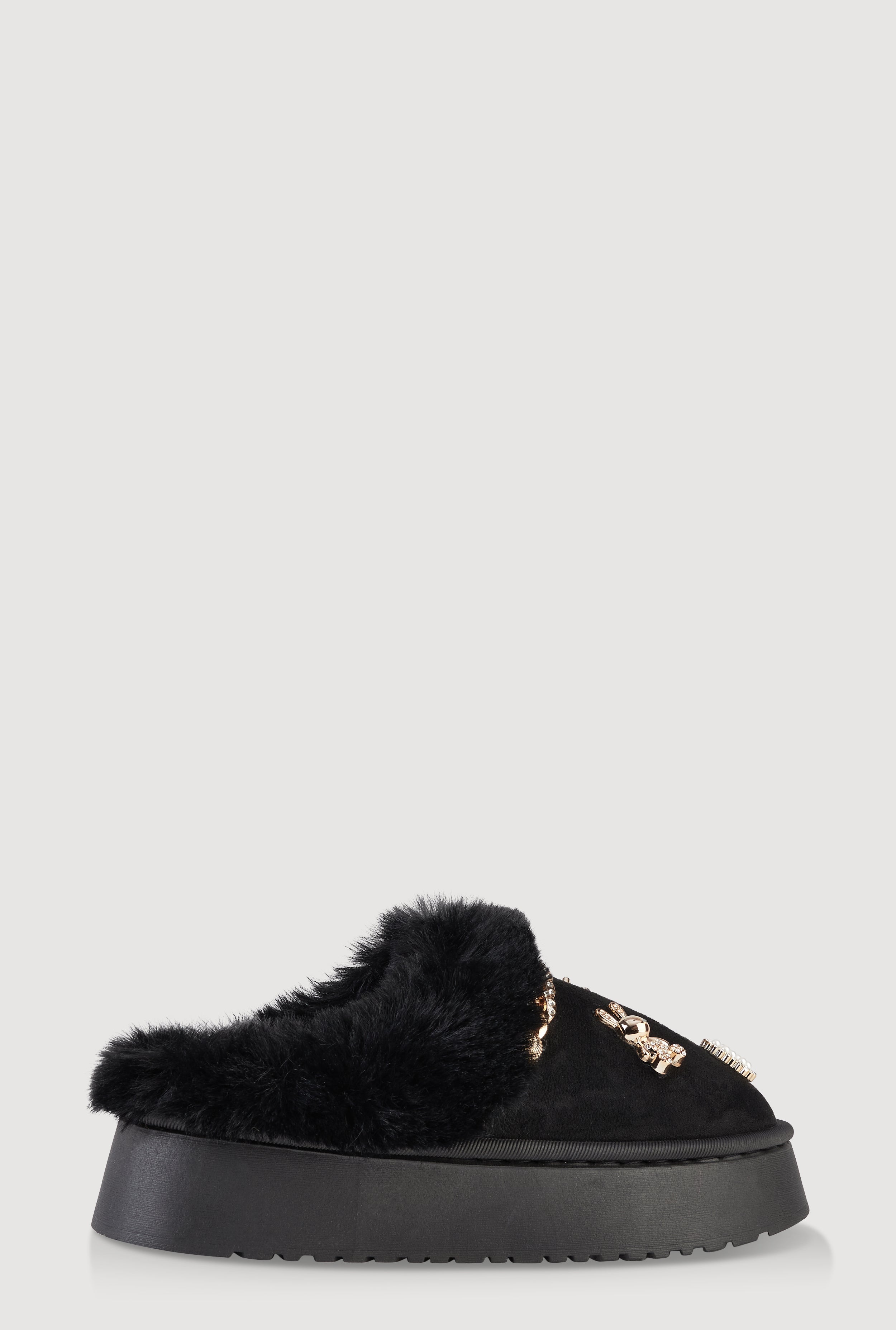 Faux Fur Lined Studded Charm Platform Mule Slippers