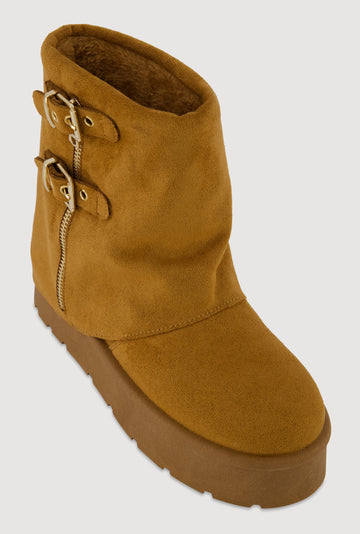 Faux Suede Platform Ankle Boots with Buckles and Zip Detail