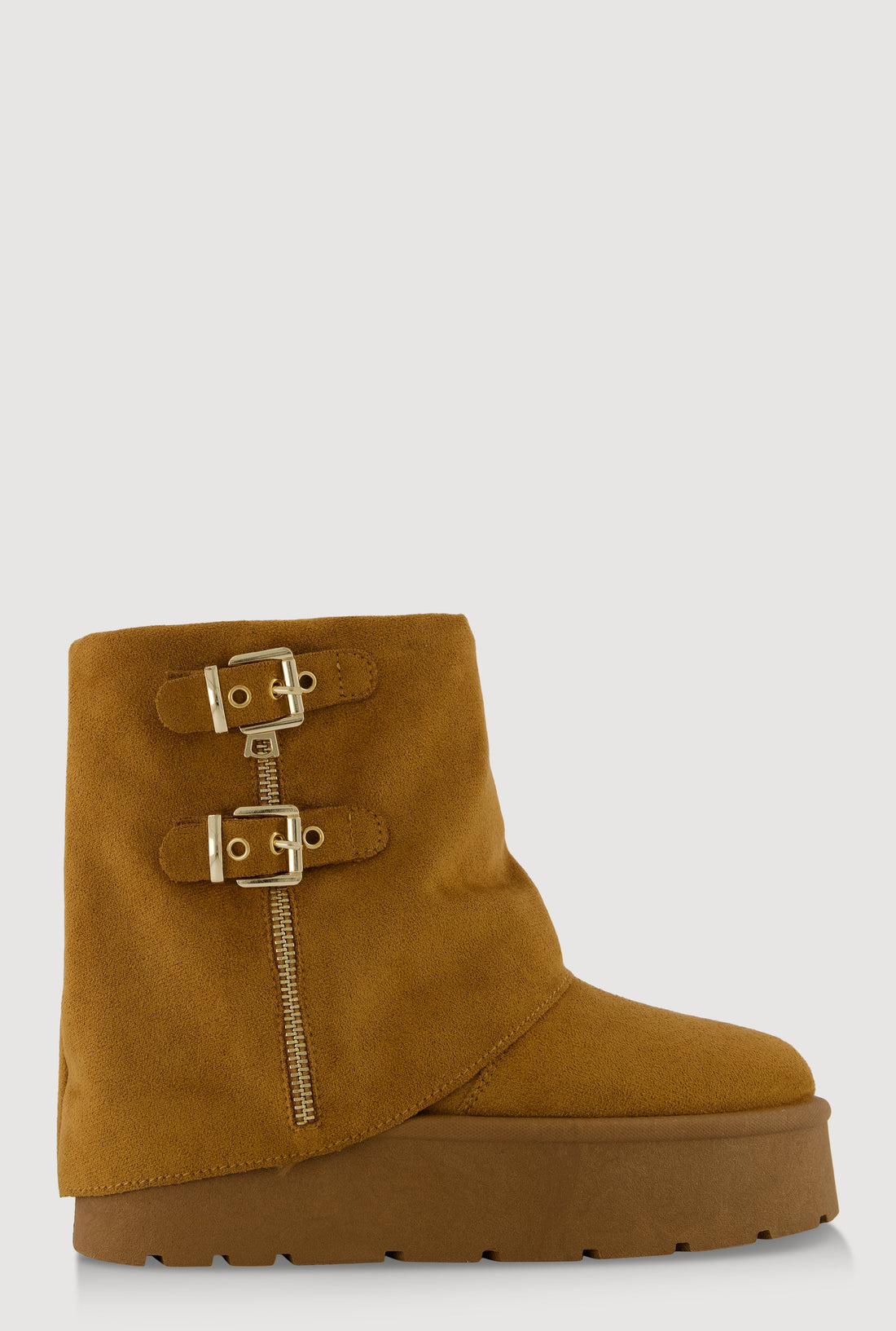 Faux Suede Platform Ankle Boots with Buckles and Zip Detail