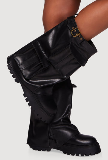 Belt Detail Cargo Pocket Fold Over Platform Boots