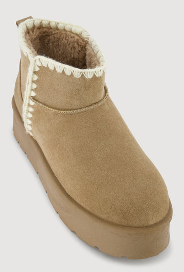 Trendy Faux Fur Lined Faux Suede Crochet Detail Platform Booties