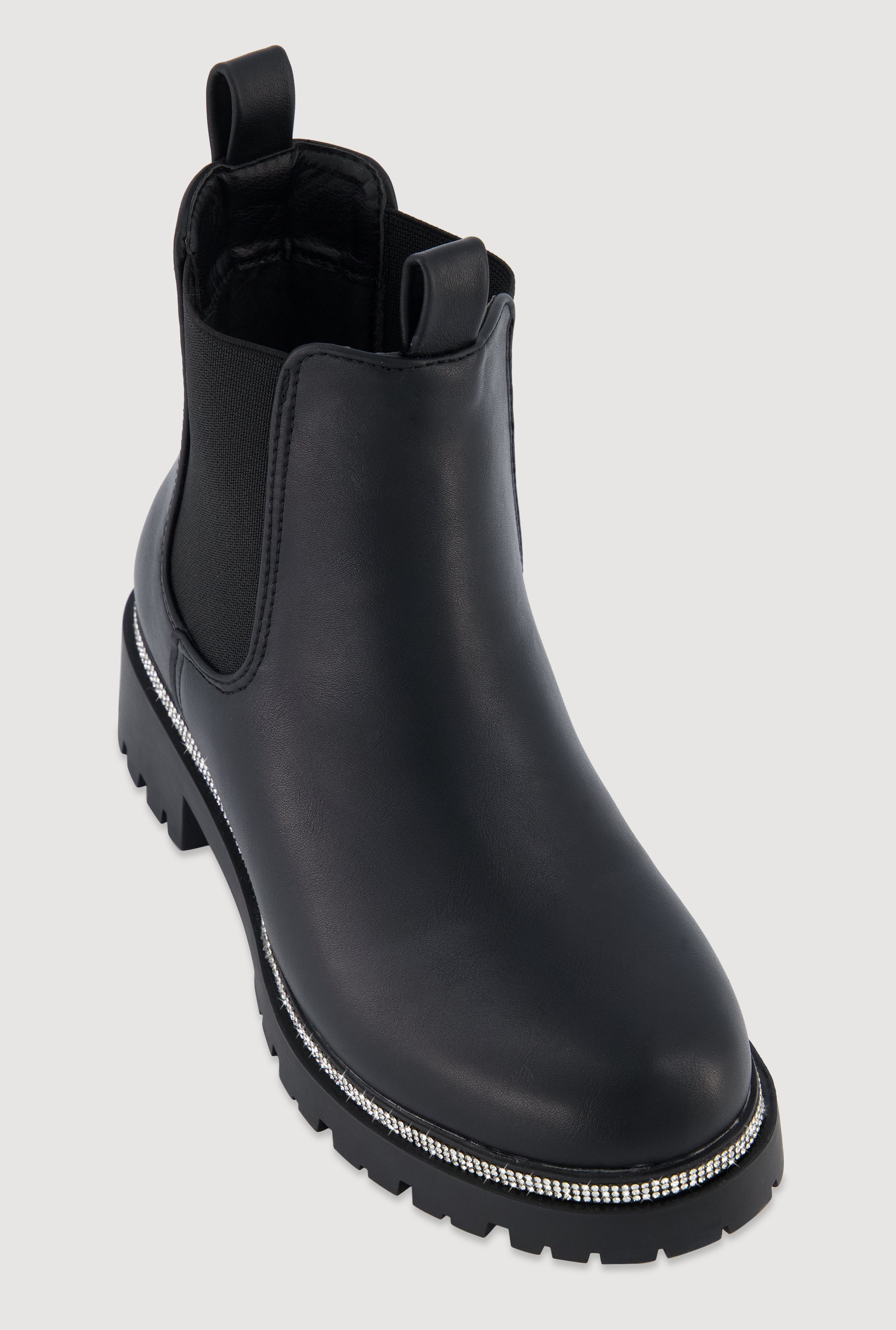 Faux Leather Rhinestone Trim Block Heel Chelsea Boots