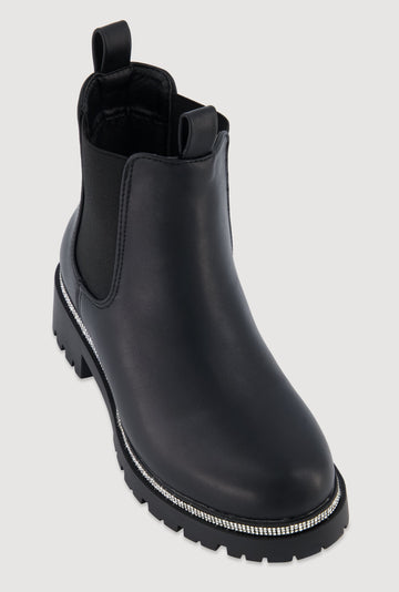 Faux Leather Rhinestone Trim Block Heel Chelsea Boots
