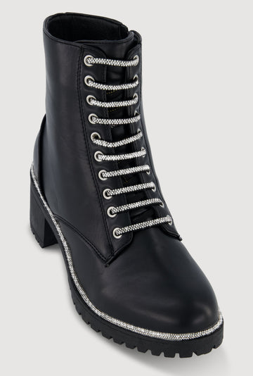 Rhinestone Trim Lace Up Chunky Heel Combat Boots