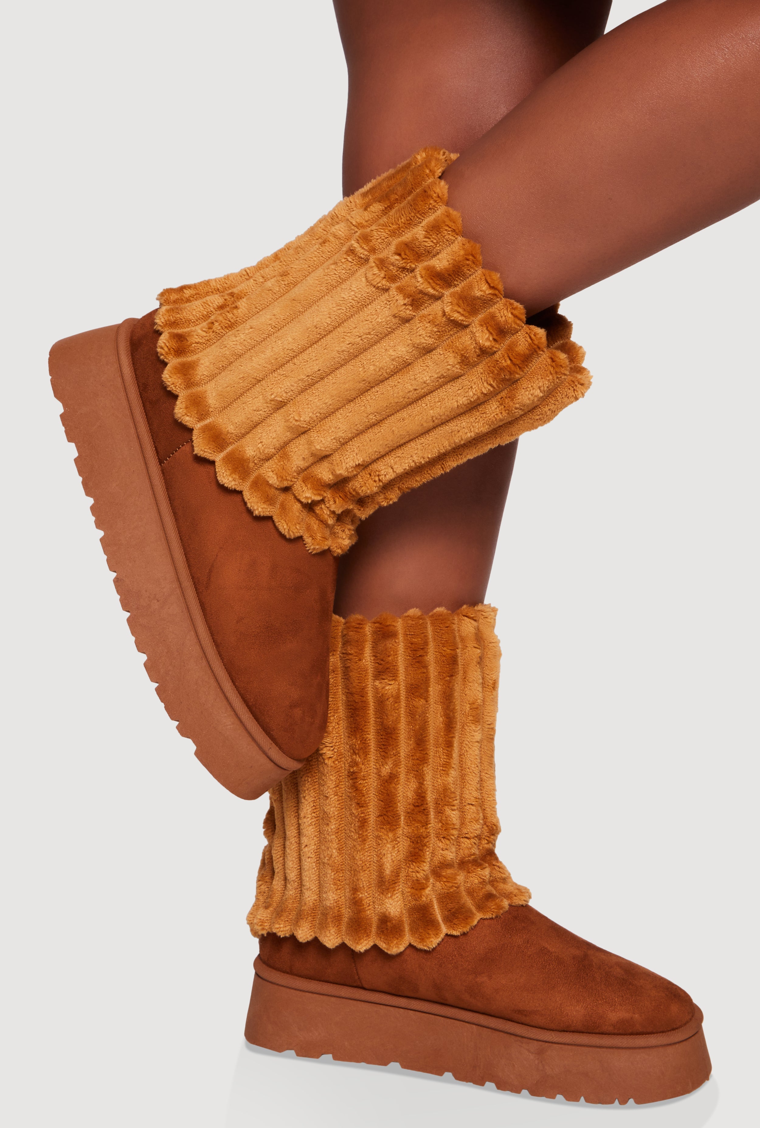 Rib Knit Faux Fur Round Toe Platform Booties