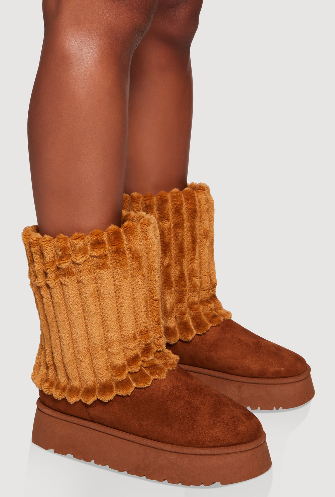 Rib Knit Faux Fur Round Toe Platform Booties
