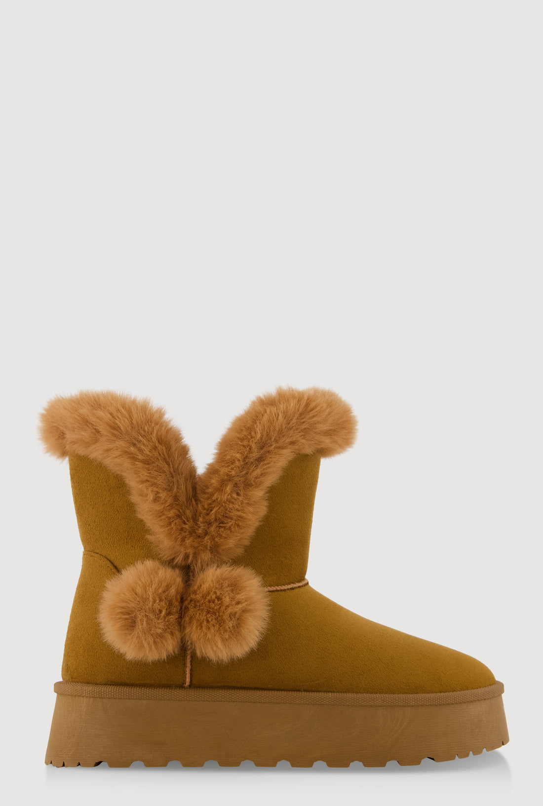 Faux Suede Platform Booties with Faux Fur Pom Poms