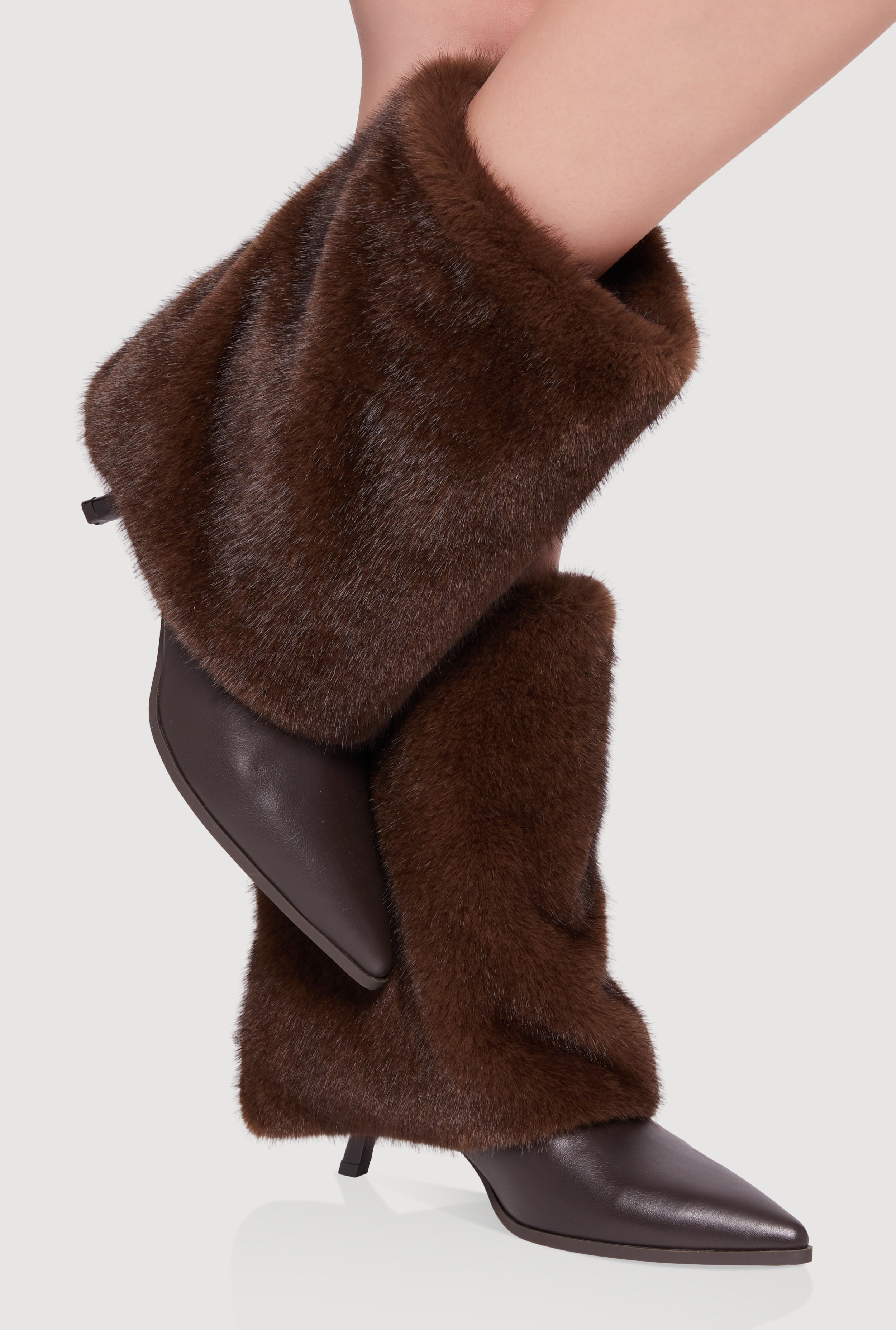 Trendy Faux Fur Slanted Kitten Heel Pointed Toe Booties