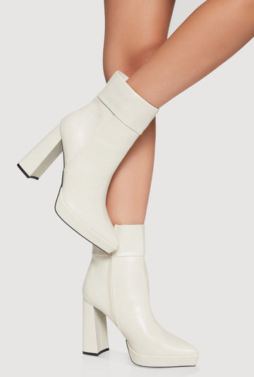Fixed Cuff Detail Pointed Toe Block Heel Booties