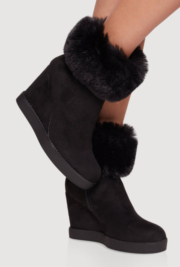 Faux Fur Cuff Almond Toe Wedge Booties