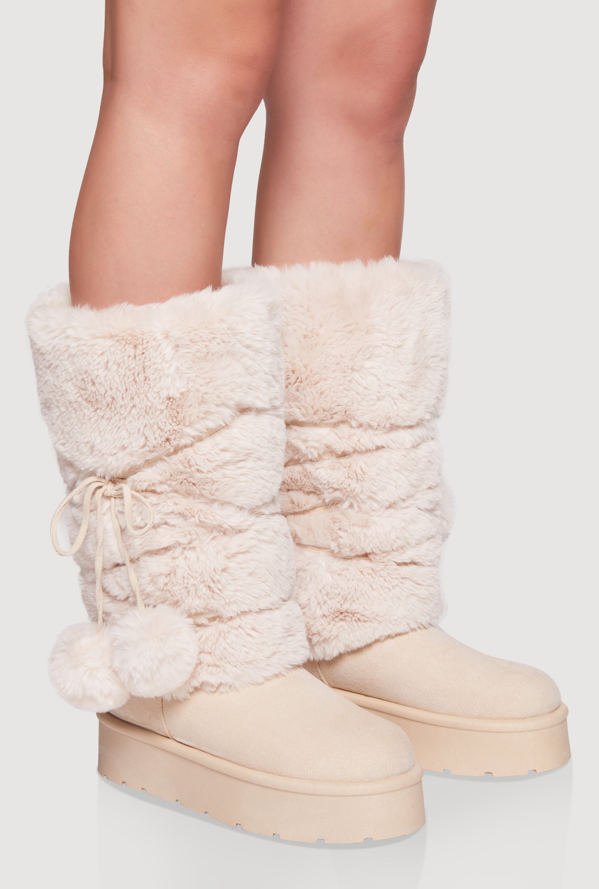 Faux Fur Cuff Lace Up Platform Boots with Pom Poms