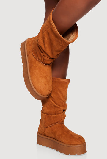 Faux Fur Lined Round Toe Platform Slouch Boots