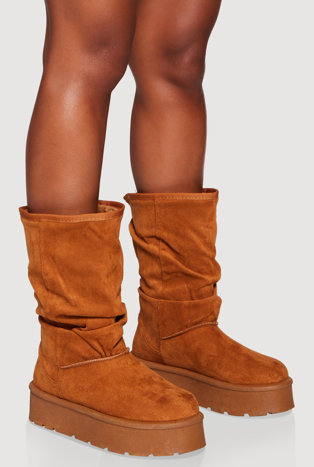 Faux Fur Lined Round Toe Platform Slouch Boots