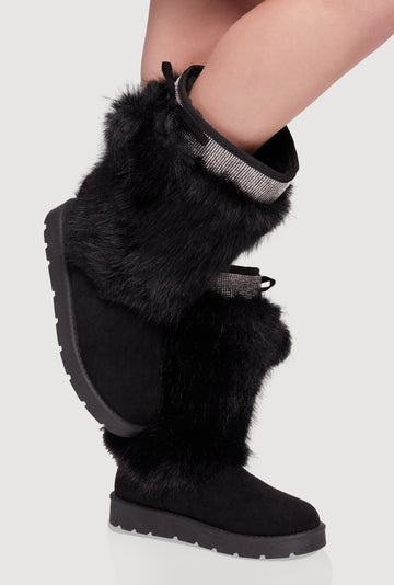 Trendy Faux Fur Lined Faux Suede Pom Pom Detail Booties