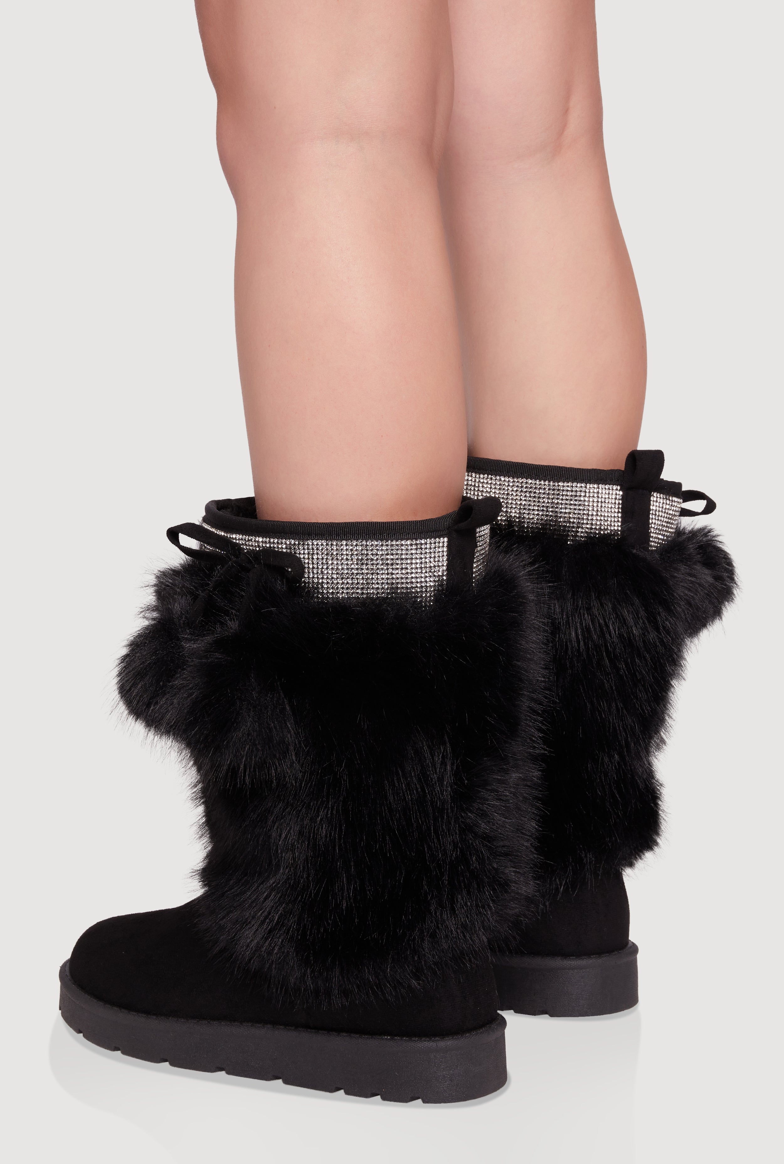 Trendy Faux Fur Lined Faux Suede Pom Pom Detail Booties