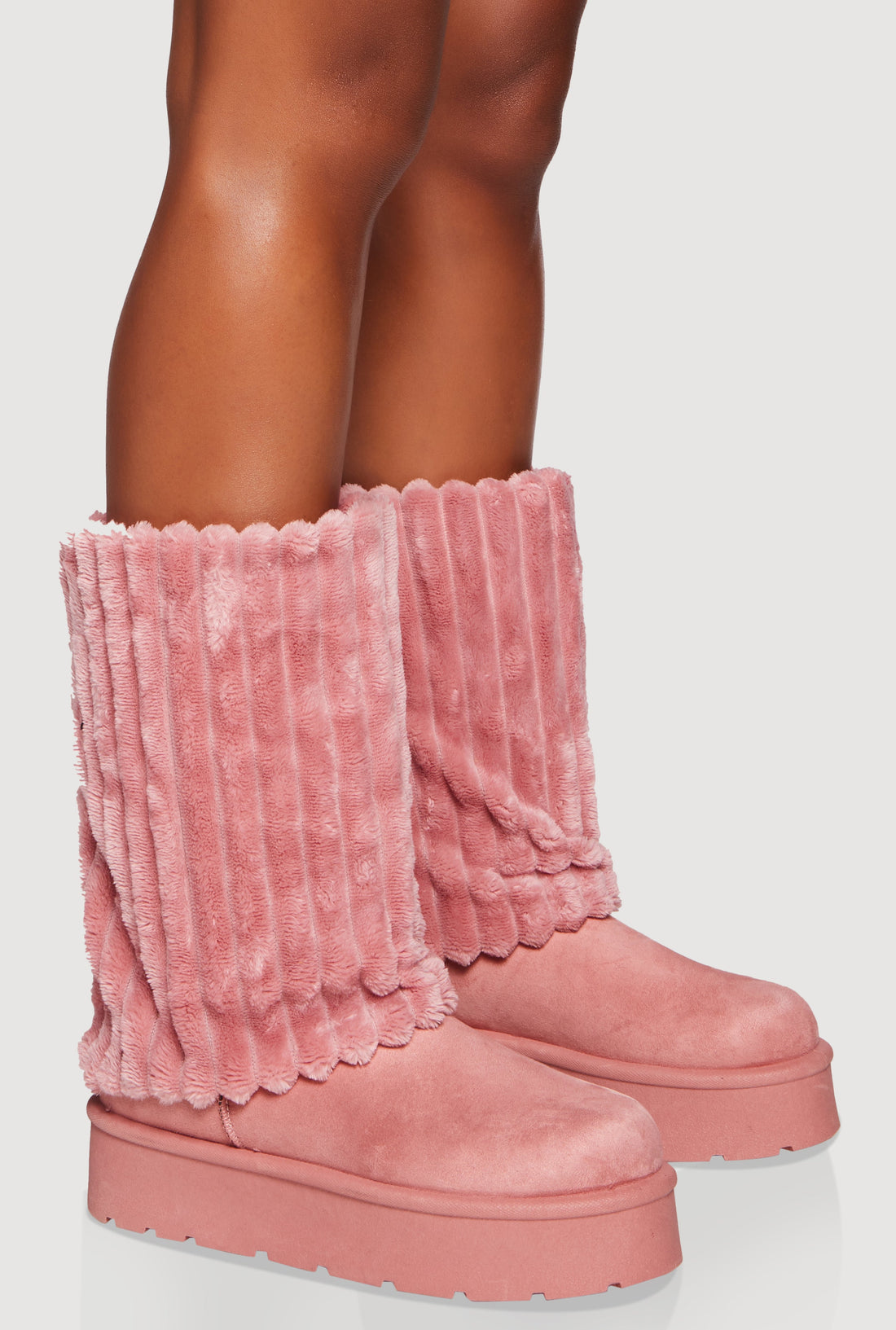 Ribbed Faux Fur Cuff Round Toe Platform Boots