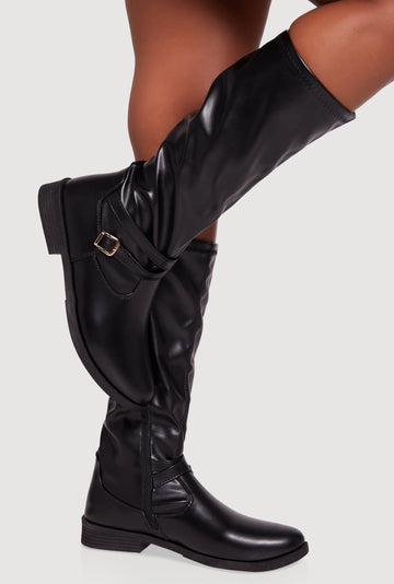 Buckle Strap Detail Almond Toe Block Heel Boots