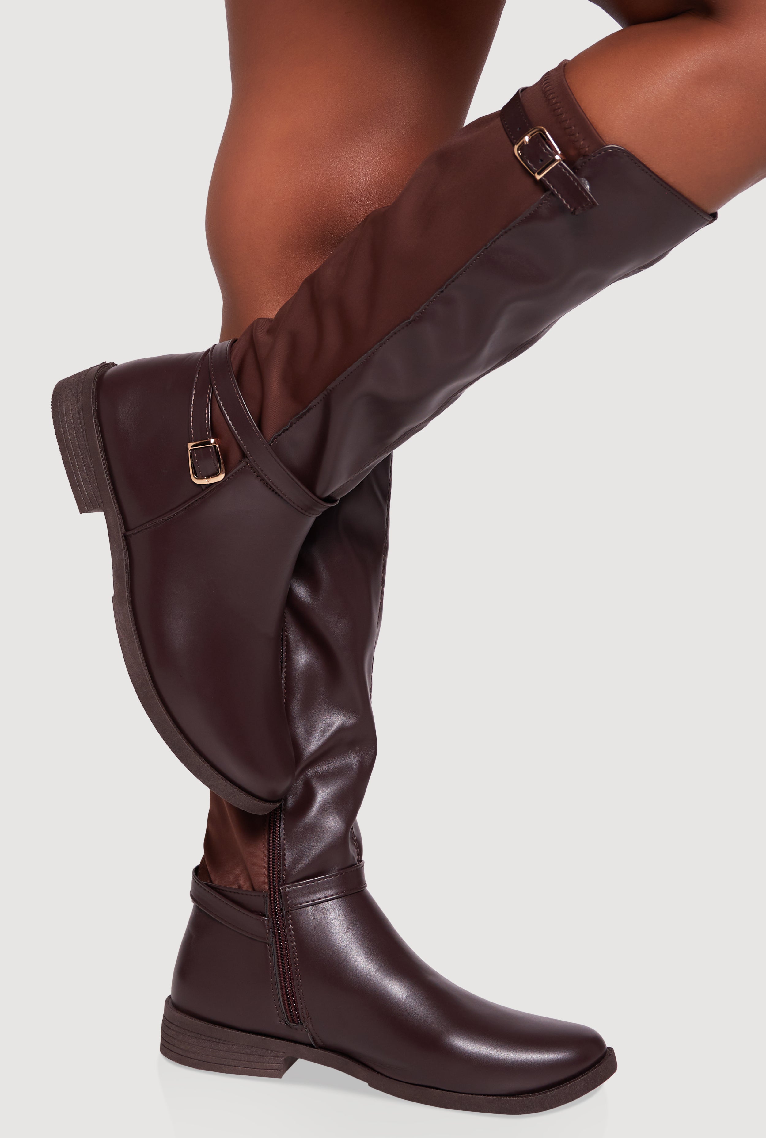 Buckle Strap Detail Elastic Back Almond Toe Boots