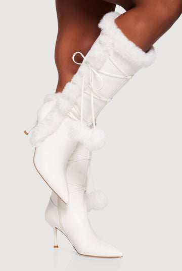 Side Zip Faux Fur Pom Pom Stiletto Boots