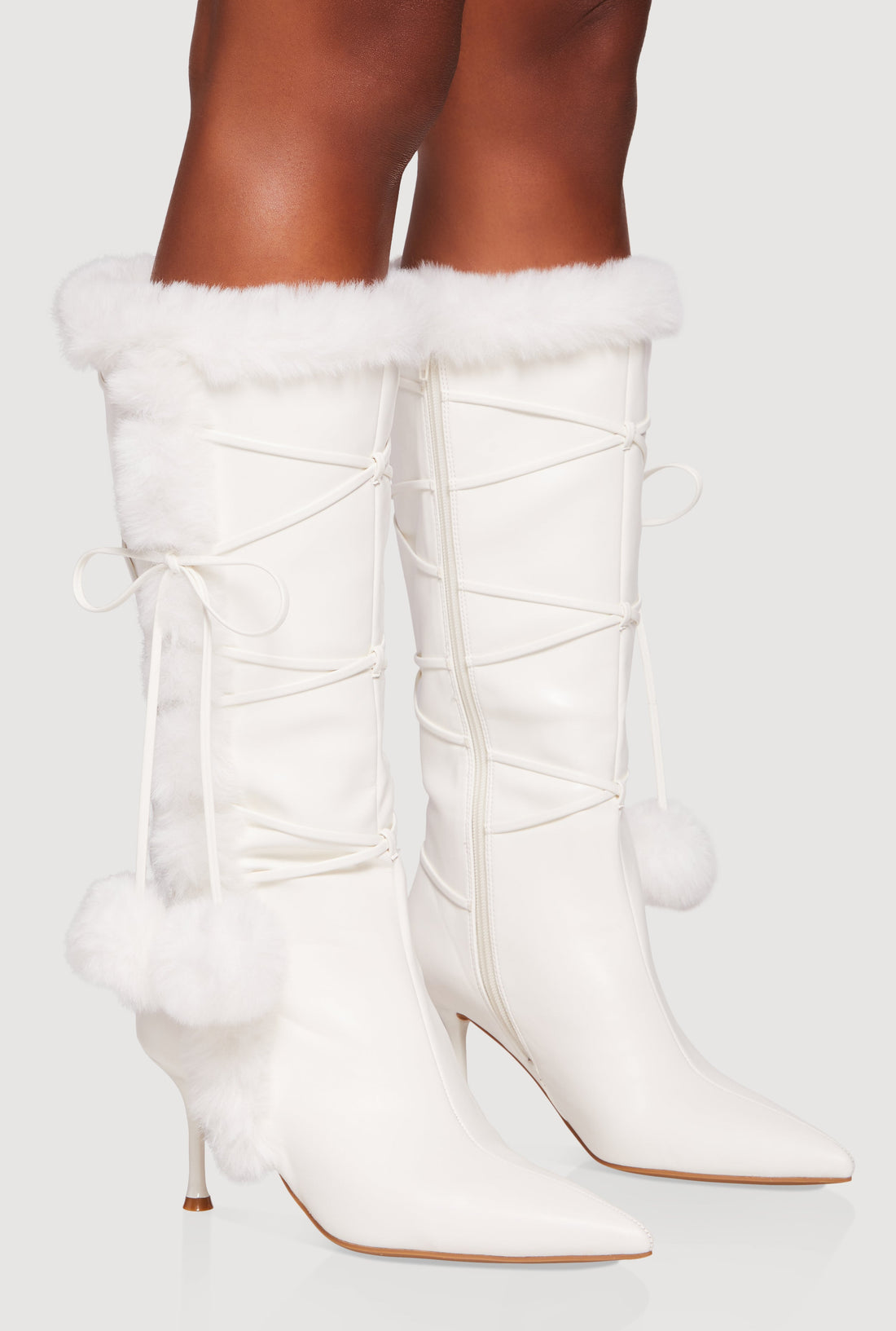 Side Zip Faux Fur Pom Pom Stiletto Boots
