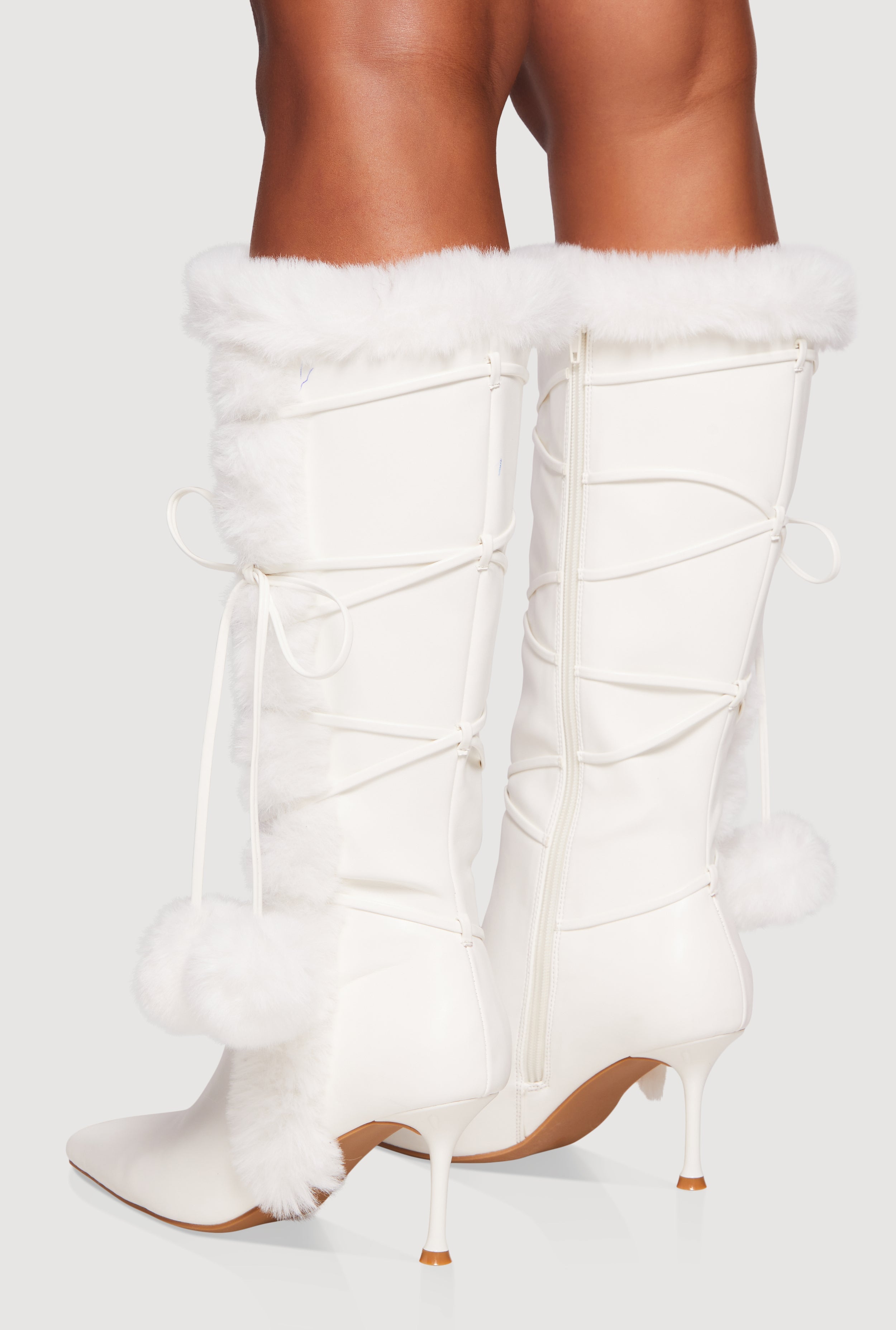 Side Zip Faux Fur Pom Pom Stiletto Boots