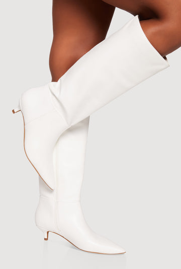 Side Zip Pointed Toe Kitten Heel Knee High Boots