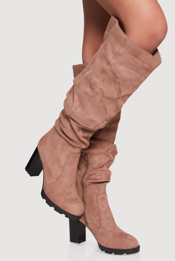 Knee High Round Toe Block Heel Slouch Boots