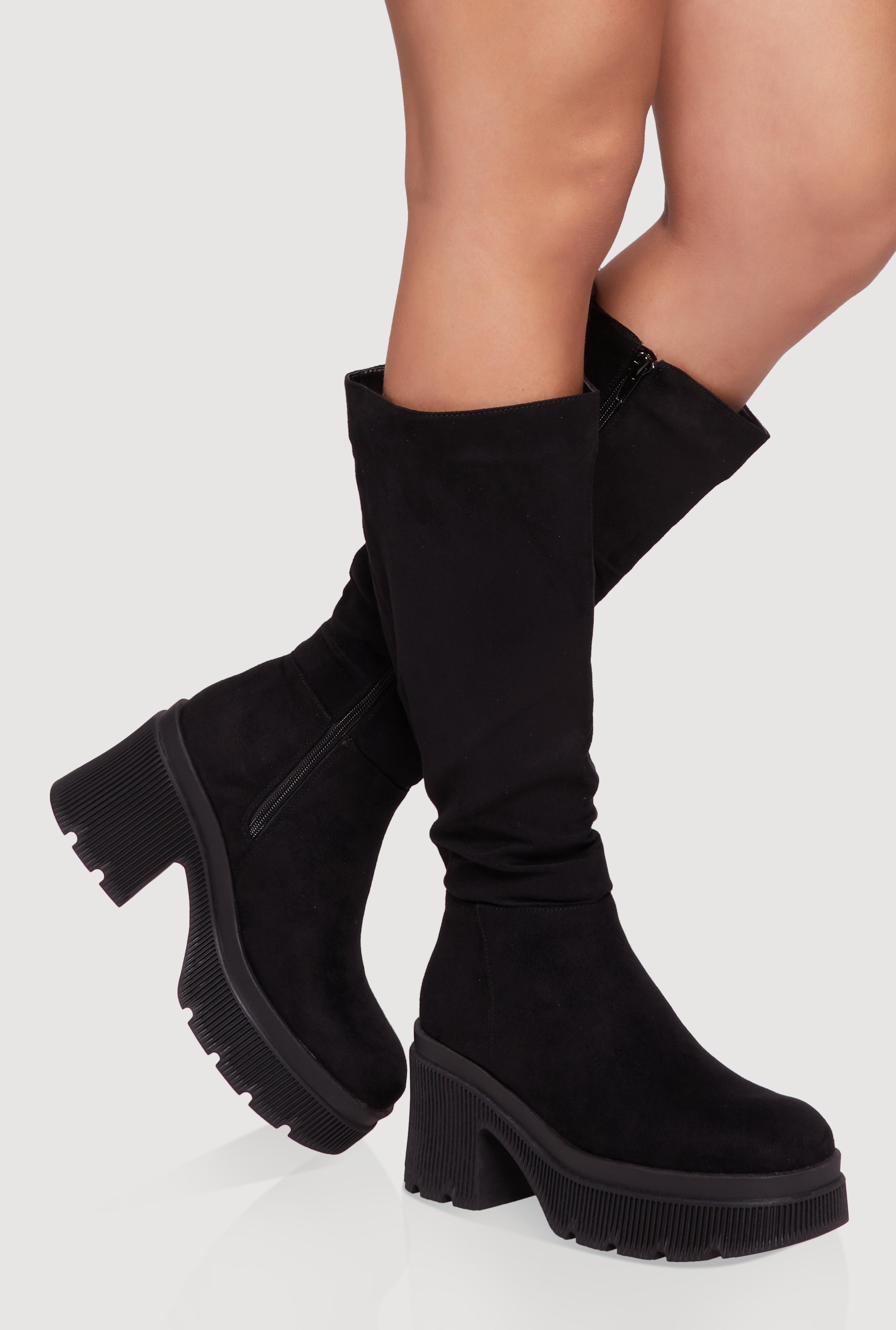 Mid Calf Square Toe Chunky Heel Platform Boots