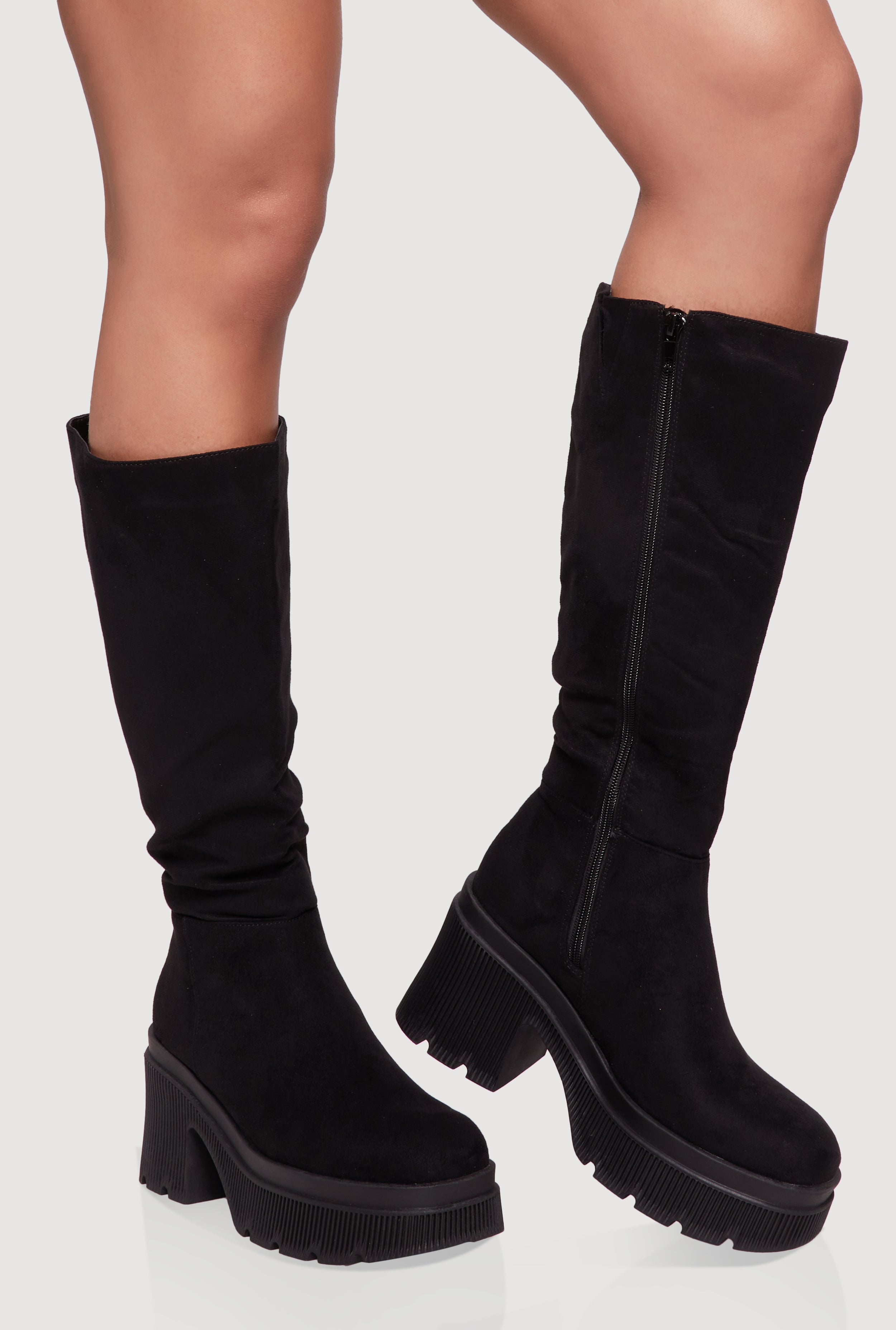 Mid Calf Square Toe Chunky Heel Platform Boots