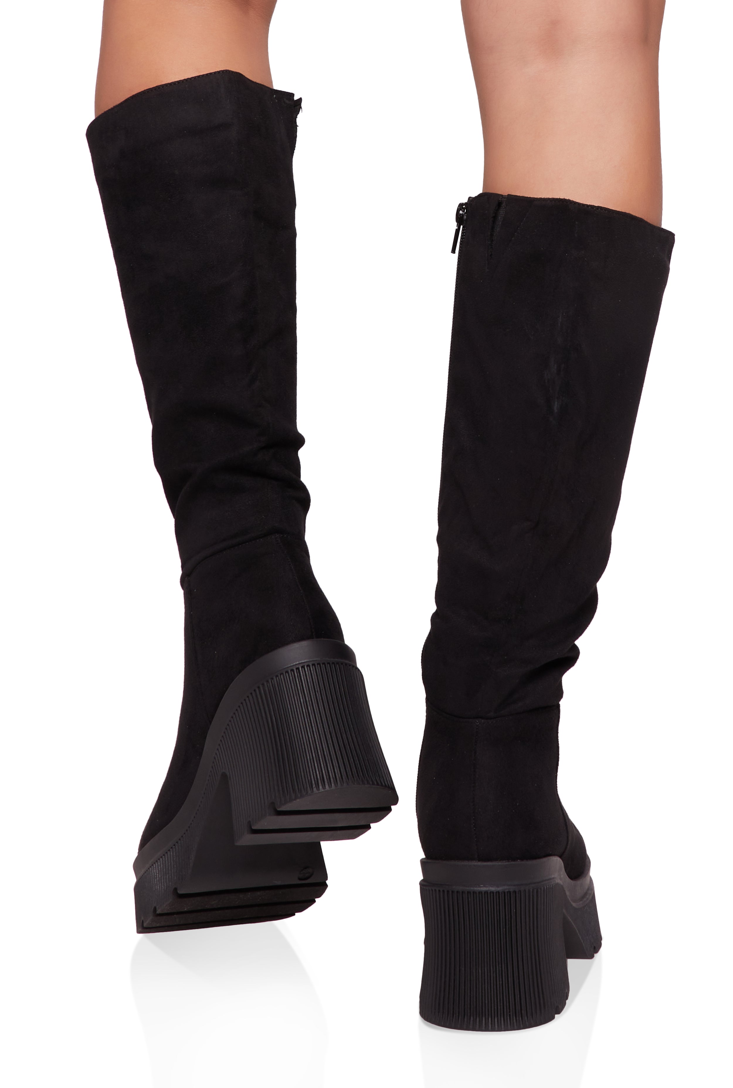 Mid Calf Square Toe Chunky Heel Platform Boots