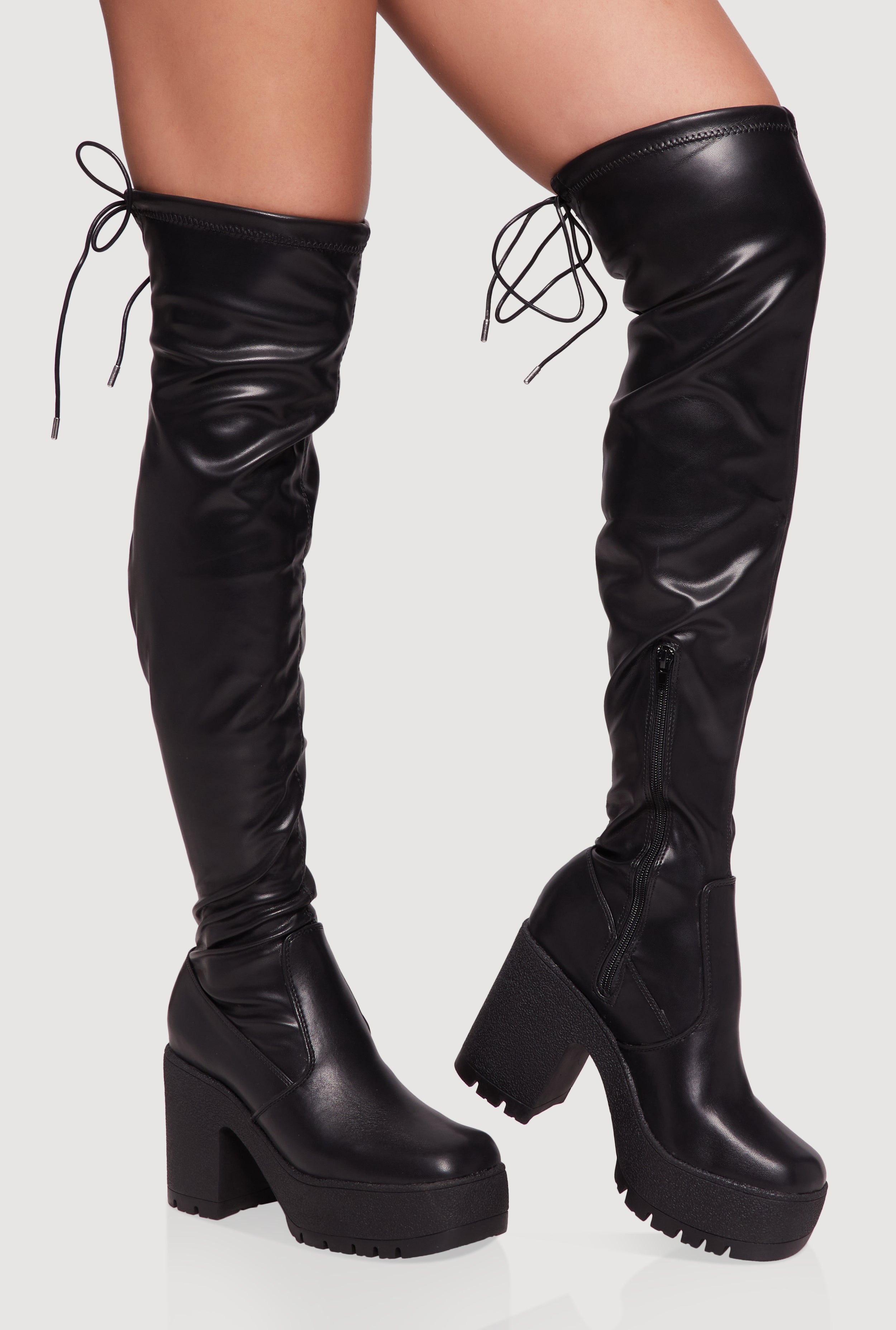 Tie Back Chunky Heel Over The Knee Platform Boots