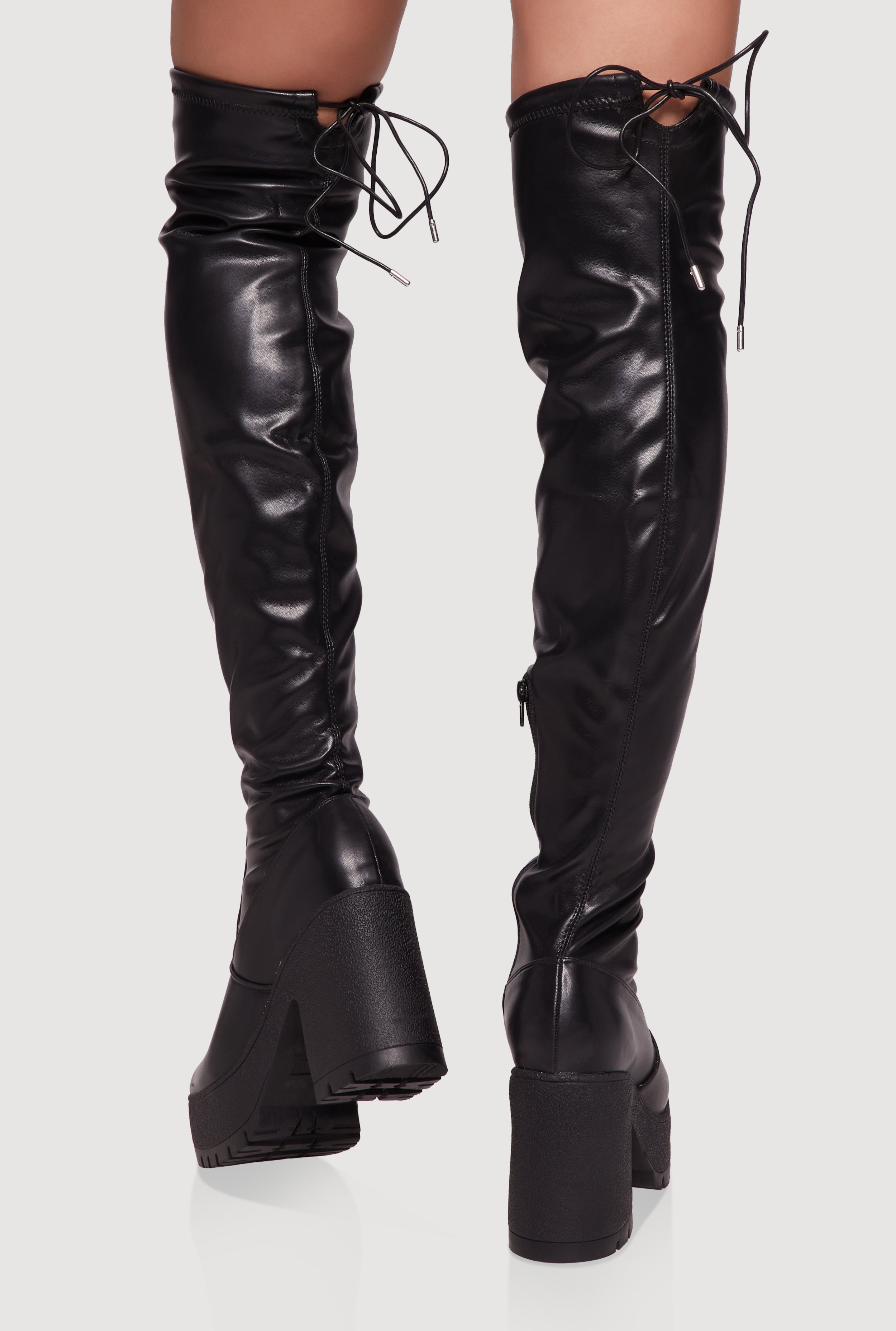 Tie Back Chunky Heel Over The Knee Platform Boots