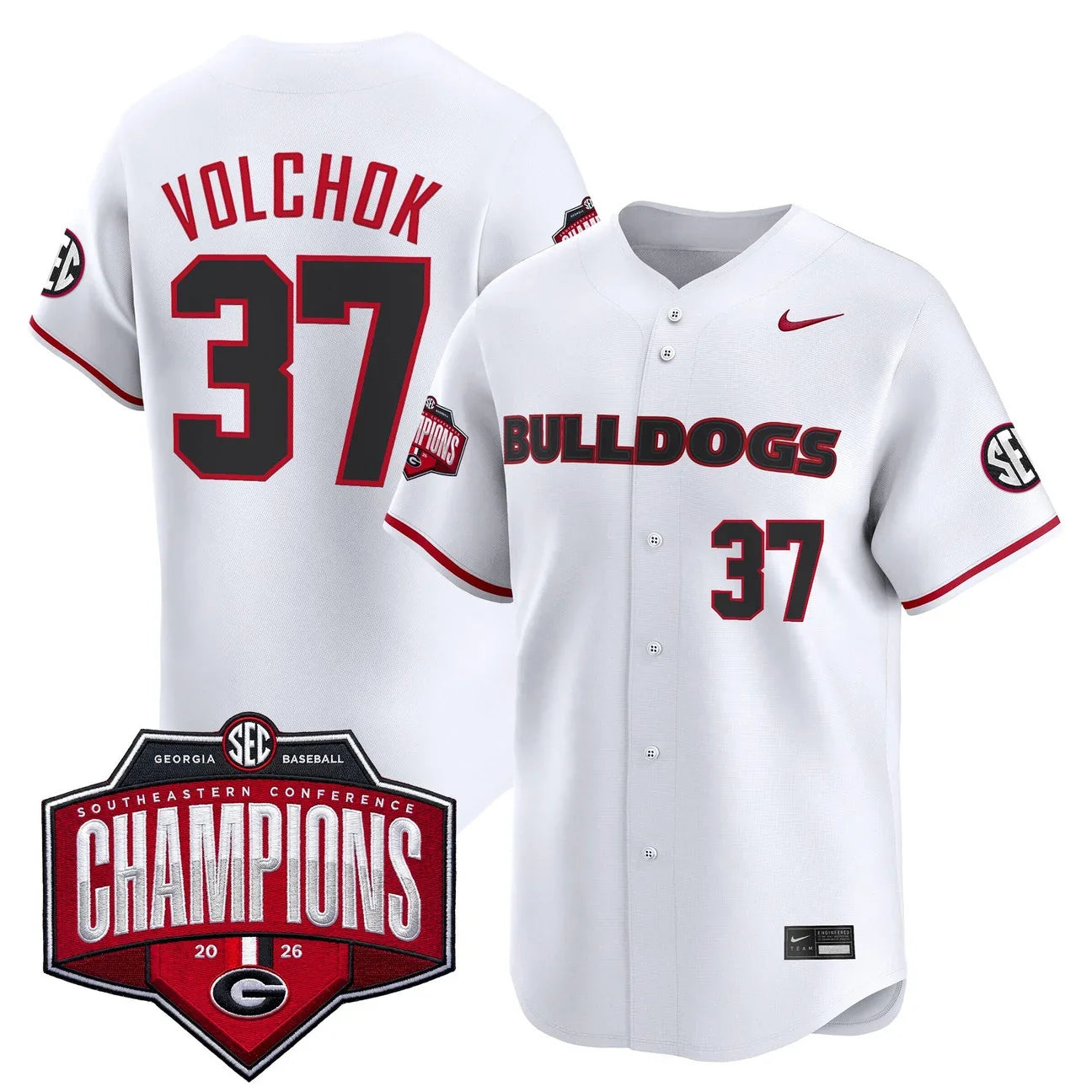 Georgia Bulldogs Baseball Southeastern Confernce Champions 2026 Vapor Premier Limited Jersey - All Stitched - White