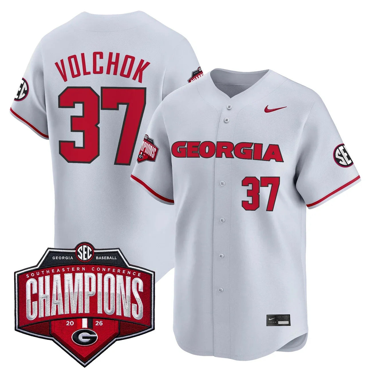 Georgia Bulldogs Baseball Southeastern Confernce Champions 2026 Vapor Premier Limited Jersey - All Stitched - Gray