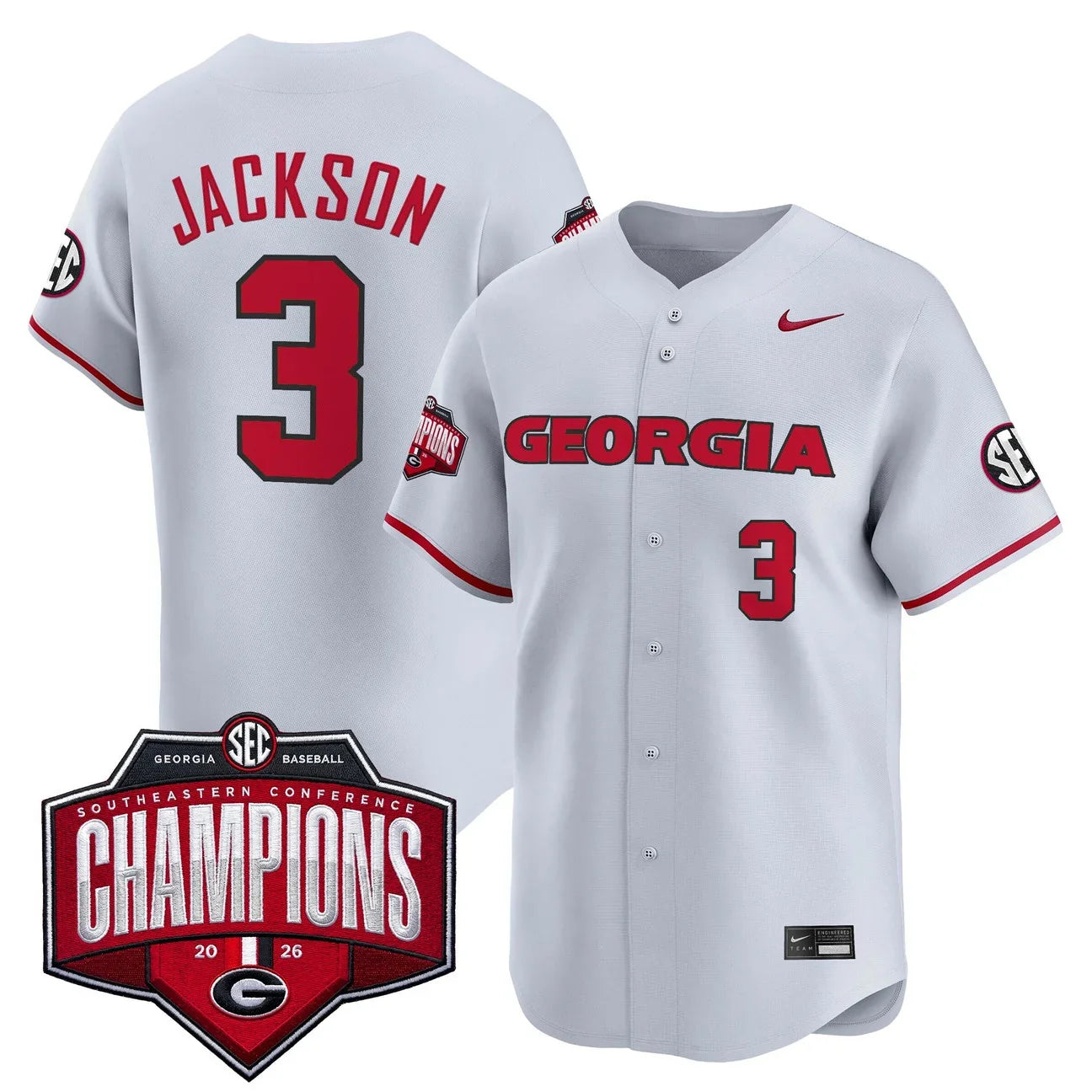 Georgia Bulldogs Baseball Southeastern Confernce Champions 2026 Vapor Premier Limited Jersey - All Stitched - Gray
