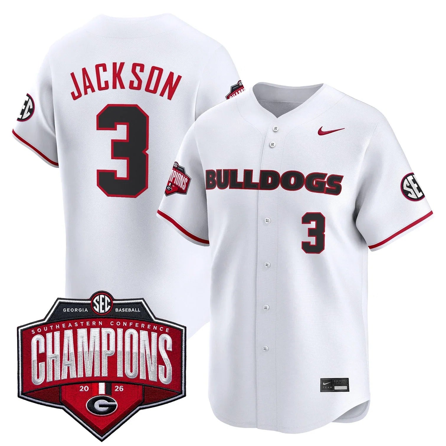 Georgia Bulldogs Baseball Southeastern Confernce Champions 2026 Vapor Premier Limited Jersey - All Stitched - White